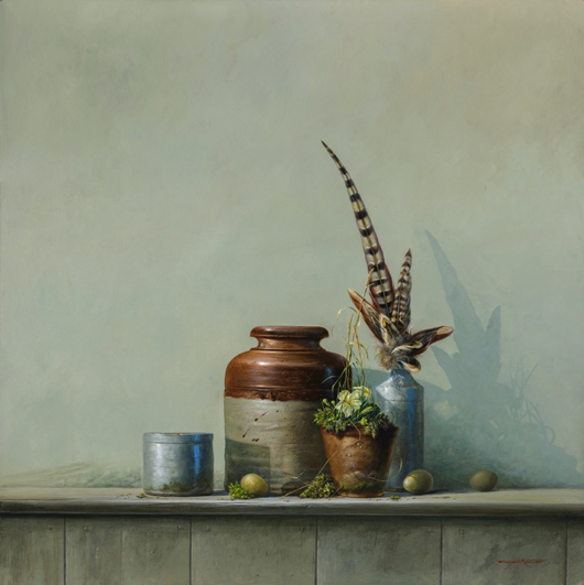 Brian Hanlon’s ‘Pots from an Old Garden Shed’, acrylic on board, priced at £3,850 ($6,450) at the Jerram Gallery, Sherborne, Dorset until June 11. Image courtesy of the Jerram Gallery.